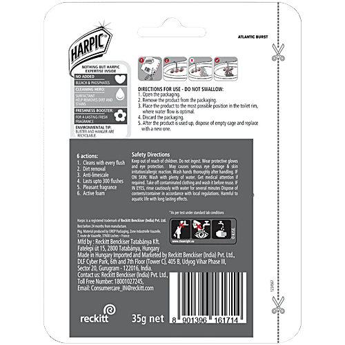 Harpic Atlantic Burst, Power Fresh 6 Toilet Cleaner Rim Block - Lasts Up To 300 Flushes, 35 g  Dirt Removal, Shiny Clean, Anti Limescale, Pleasant Fragrance, Active Foaming Action