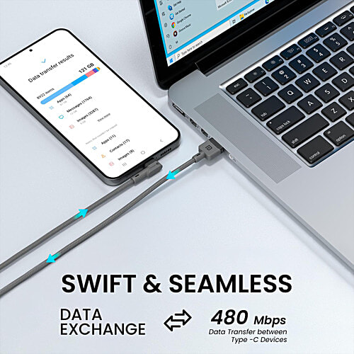 Portronics Konnect L POR-1081 Type-C Cable With Charge & Sync Function - 1.2 m, Grey, 1 pc 3A Fast Charging, For All Type-C Devices, 480 Mbps Data Transfer