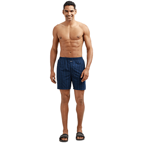 Jockey 1223 Men's Super Combed Mercerized Cotton Woven Checkered Boxer Shorts With Side Pocket - Black & Navy, 2 pcs (Size - M) 