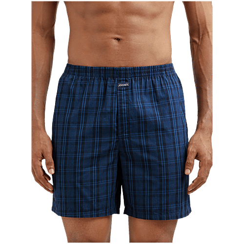 Jockey 1223 Men's Super Combed Mercerized Cotton Woven Checkered Boxer Shorts With Side Pocket - Black & Navy, 2 pcs (Size - M) 