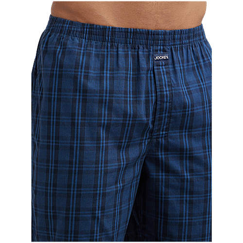 Jockey 1223 Men's Super Combed Mercerized Cotton Woven Checkered Boxer Shorts With Side Pocket - Black & Navy, 2 pcs (Size - M) 