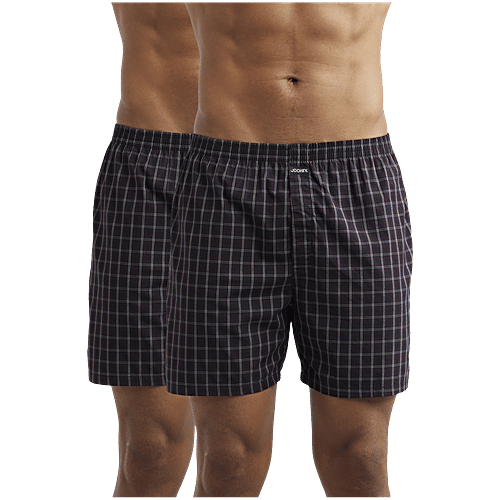 Jockey 1223 Men's Super Combed Mercerized Cotton Woven Checkered Boxer Shorts With Side Pocket - Black & Navy, 2 pcs (Size - M) 