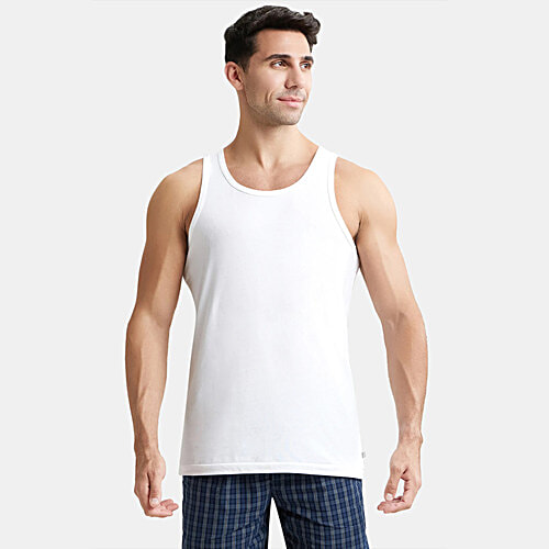 Jockey Men's Super Combed Cotton Round Neck Sleeveless Vest - White, 3 pcs (Size - L) With Extended Length For Easy Tuck