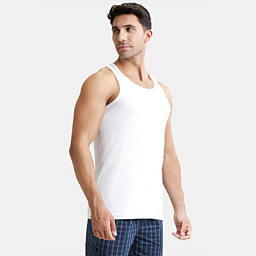 Jockey Men's Super Combed Cotton Round Neck Sleeveless Vest - White, 3 pcs (Size - L) With Extended Length For Easy Tuck