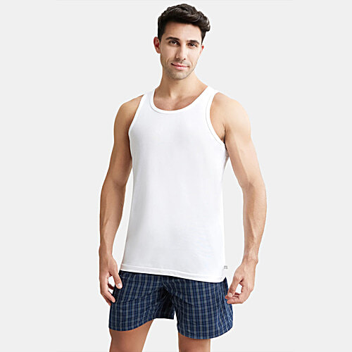 Jockey Men's Super Combed Cotton Round Neck Sleeveless Vest - White, 3 pcs (Size - L) With Extended Length For Easy Tuck