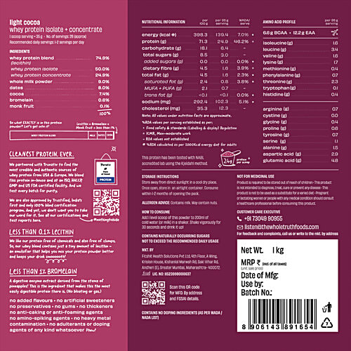 The Whole Truth Light Cocoa Pro Whey Protein Powder, 1 kg  24g Protein Per Scoop,  6.6g BCAA