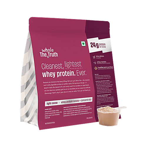 The Whole Truth Light Cocoa Pro Whey Protein Powder, 1 kg  24g Protein Per Scoop,  6.6g BCAA