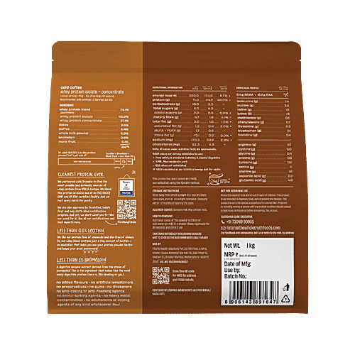 The Whole Truth Cold Coffee 24g Whey Protein Powder, 1 kg 24g Protein Per Scoop, 6.4g BCAA