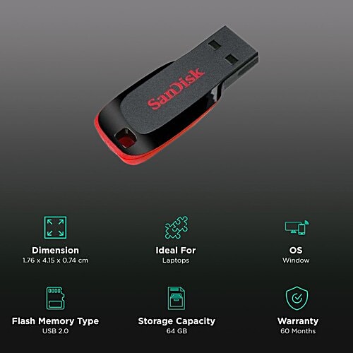 Sandisk SanDisk Cruzer Blade 64GB USB (2.0) Pen Drive (High-Capacity Drive, Red), 1 Unit SDCZ50-064G-I35