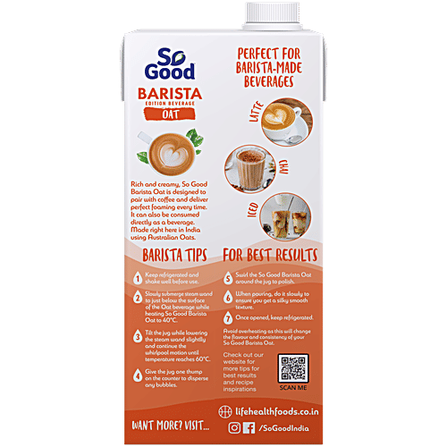 So Good Oat Barista Edition Beverage, 1 L Carton Dairy Free Product,