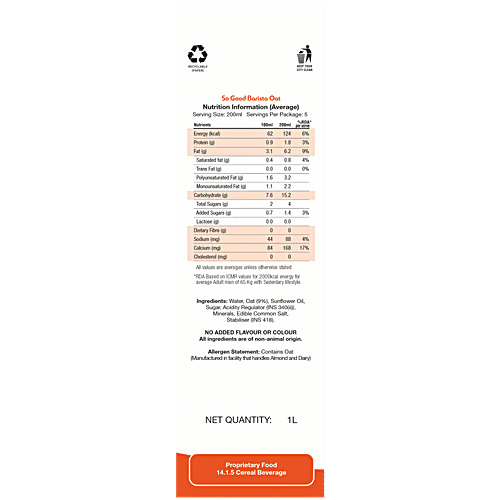 So Good Oat Barista Edition Beverage, 1 L Carton Dairy Free Product,