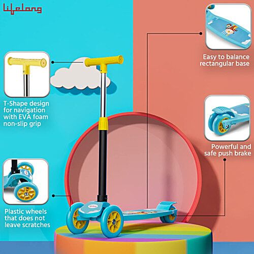 Lifelong Kick Scooter - For Kids, Adjustable Height, Foldable, PVC Wheel, LLKS01, Blue & Yellow, 1 pc  Foldable Scooter, Skate Scooter