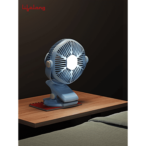 Lifelong Clip Fan - LED Light, Rechargeable, Portable, 5 Hour Battery Back-up, 3 Speed Settings, LLUSBCF02, Blue, 1 pc  