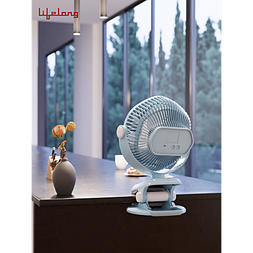 Lifelong Clip Fan - LED Light, Rechargeable, Portable, 5 Hour Battery Back-up, 3 Speed Settings, LLUSBCF02, Blue, 1 pc  