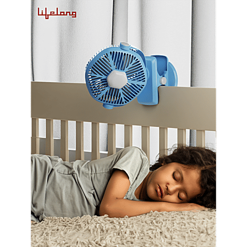 Lifelong Clip Fan - LED Light, Rechargeable, Portable, 5 Hour Battery Back-up, 3 Speed Settings, LLUSBCF02, Blue, 1 pc  