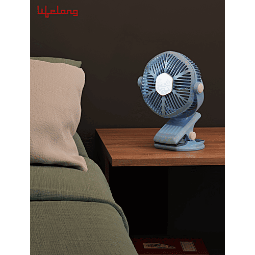 Lifelong Clip Fan - LED Light, Rechargeable, Portable, 5 Hour Battery Back-up, 3 Speed Settings, LLUSBCF02, Blue, 1 pc  
