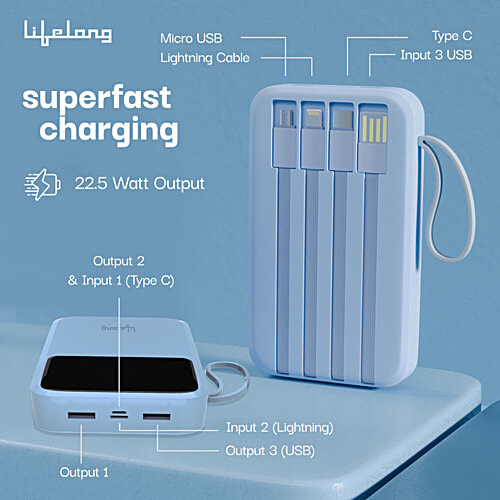 Lifelong Compact Pocket Size Power Bank - 10000 mAh, 22.5 W, Lithium Polymer, Sky Blue, 1 pc  