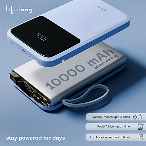 Lifelong Compact Pocket Size Power Bank - 10000 mAh, 22.5 W, Lithium Polymer, Sky Blue, 1 pc  
