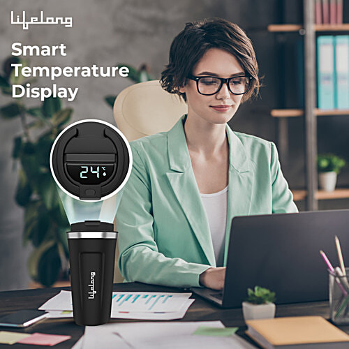 Lifelong Vacuum Insulated Travel Coffee Mug - Temperature Display, 8 Hours Hot &14 Hours Cold, Black, 500 ml  