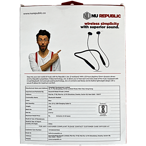 Nu Republic Jive J2 Bluetooth Headset With Up To 20 hrs Playtime, X-Bass Technology, Calling Mic, Fast Pairing, Blue, 1 pc  