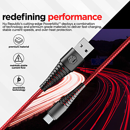 Nu Republic Type A To Type C Blaze Ultra 3.5 Amp Fast Charging Cable - 1 m, Red, 1 pc