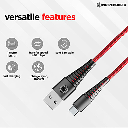Nu Republic Type A To Type C Blaze Ultra 3.5 Amp Fast Charging Cable - 1 m, Red, 1 pc