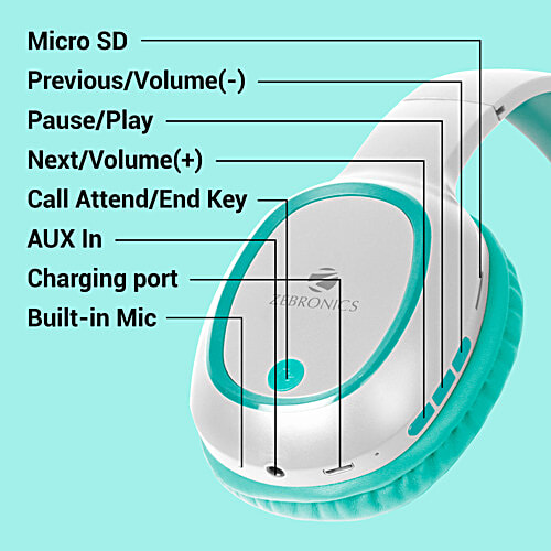 Zebronics Thunder Bluetooth 5.3 Wireless Over Ear Headphones - Sea Green, 1 pc  