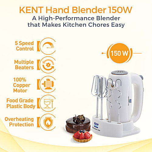 kent 16050 Hand Blender - 150W, 5 Speed Control, Copper Motor, Multiple Beaters, Overheating Protection, White, 1 pc  
