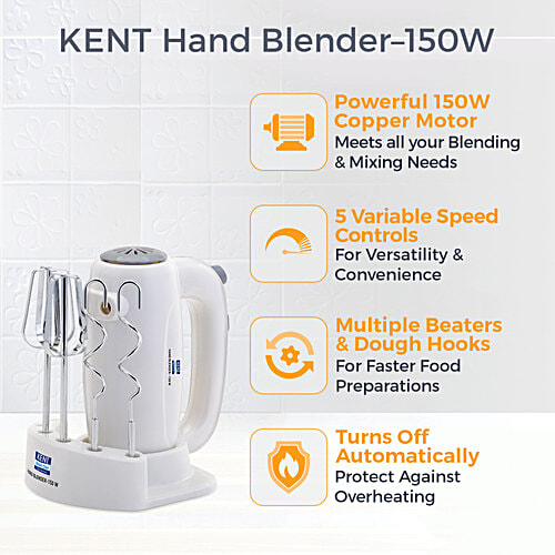 kent 16050 Hand Blender - 150W, 5 Speed Control, Copper Motor, Multiple Beaters, Overheating Protection, White, 1 pc  