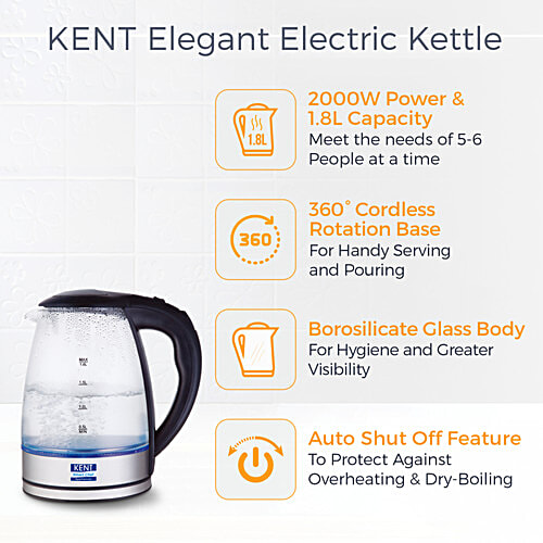 kent 16052 Elegant Electric Glass Kettle - Stainless Steel Heating Plate, Borosilicate Glass Body, Boil Drying Protection, 1.8 L  