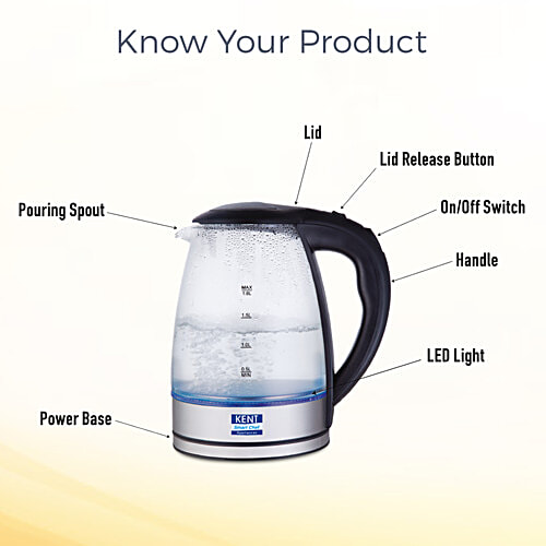 kent 16052 Elegant Electric Glass Kettle - Stainless Steel Heating Plate, Borosilicate Glass Body, Boil Drying Protection, 1.8 L  