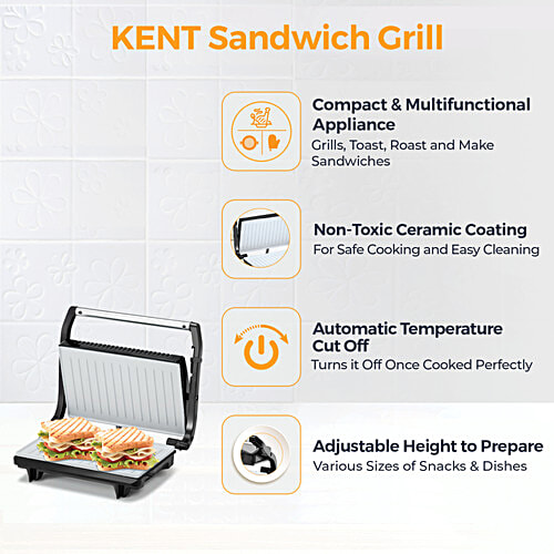 kent 16025 Sandwich Grill - 700 W, Non-Toxic Ceramic Coating, Adjustable Height Control, Metallic Silver, Standard, 1 pc  Automatic Temperature Cut-off with LED Indicator