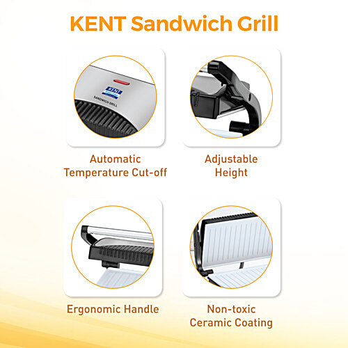 kent 16025 Sandwich Grill - 700 W, Non-Toxic Ceramic Coating, Adjustable Height Control, Metallic Silver, Standard, 1 pc  Automatic Temperature Cut-off with LED Indicator