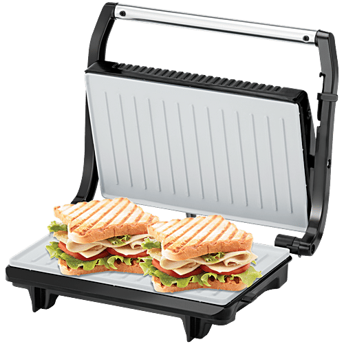 kent 16025 Sandwich Grill - 700 W, Non-Toxic Ceramic Coating, Adjustable Height Control, Metallic Silver, Standard, 1 pc  Automatic Temperature Cut-off with LED Indicator