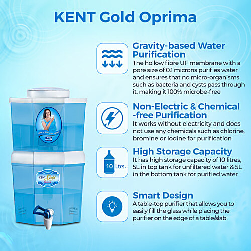 kent 11016 Gold Optima Gravity Water Purifier - UF Technology Based, Non-Electric, Aqua Blue, 10 L  