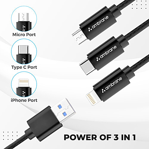 Ambrane Unbreakable 3 In 1 USB Fast Charging Cable With Type C, Lightning, Micro USB Port With 2.1 A, 1.25M, Trio-11, Black, 1 pc Type C and Lightning ports, Compatible with iPhone, iPad, Samsung, OnePlus, Mi, Oppo, Vivo, Xiaomi,