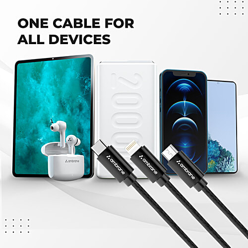 Ambrane Unbreakable 3 In 1 USB Fast Charging Cable With Type C, Lightning, Micro USB Port With 2.1 A, 1.25M, Trio-11, Black, 1 pc Type C and Lightning ports, Compatible with iPhone, iPad, Samsung, OnePlus, Mi, Oppo, Vivo, Xiaomi,