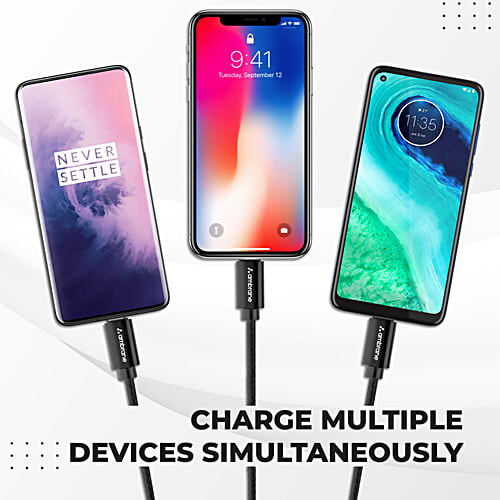 Ambrane Unbreakable 3 In 1 USB Fast Charging Cable With Type C, Lightning, Micro USB Port With 2.1 A, 1.25M, Trio-11, Black, 1 pc Type C and Lightning ports, Compatible with iPhone, iPad, Samsung, OnePlus, Mi, Oppo, Vivo, Xiaomi,