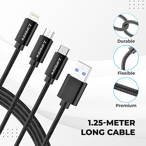 Ambrane Unbreakable 3 In 1 USB Fast Charging Cable With Type C, Lightning, Micro USB Port With 2.1 A, 1.25M, Trio-11, Black, 1 pc Type C and Lightning ports, Compatible with iPhone, iPad, Samsung, OnePlus, Mi, Oppo, Vivo, Xiaomi,