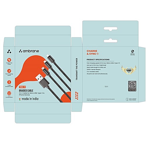 Ambrane Unbreakable 3 In 1 USB Fast Charging Cable With Type C, Lightning, Micro USB Port With 2.1 A, 1.25M, Trio-11, Black, 1 pc Type C and Lightning ports, Compatible with iPhone, iPad, Samsung, OnePlus, Mi, Oppo, Vivo, Xiaomi,