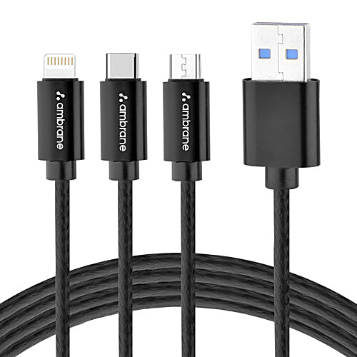 Ambrane Unbreakable 3 In 1 USB Fast Charging Cable With Type C, Lightning, Micro USB Port With 2.1 A, 1.25M, Trio-11, Black, 1 pc Type C and Lightning ports, Compatible with iPhone, iPad, Samsung, OnePlus, Mi, Oppo, Vivo, Xiaomi,