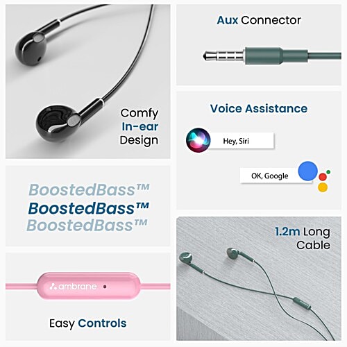 Ambrane Wired In Earphones With In-Line Mic With 3.5 mm Jack For Clear Calling, 14 mm Dynamic Drivers For Boosted Bass, Multi-Functional Controller, 1 pc 3.5 mm Stereo Jack Earphone With a 1.2M long cord. Equipped With in-line mic