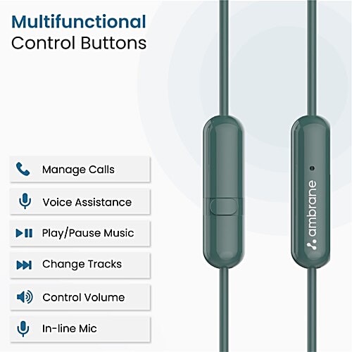 Ambrane Wired In Earphones With In-Line Mic With 3.5 mm Jack For Clear Calling, 14 mm Dynamic Drivers For Boosted Bass, Multi-Functional Controller, 1 pc 3.5 mm Stereo Jack Earphone With a 1.2M long cord. Equipped With in-line mic