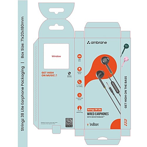 Ambrane Wired In Earphones With In-Line Mic With 3.5 mm Jack For Clear Calling, 14 mm Dynamic Drivers For Boosted Bass, Multi-Functional Controller, 1 pc 3.5 mm Stereo Jack Earphone With a 1.2M long cord. Equipped With in-line mic