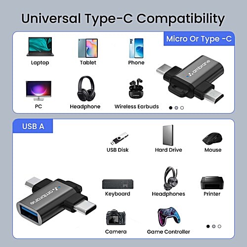 Ambrane 2 In 1 OTG Adapter Micro USB + USB Type C To USB Female Connector/Convertor, OTG Pen Drive Adapter To Mobile Connector Type C, Compatible With All Devices, 1 pc Type C & Micro USB To USB 3.0 Adapter, 480 Mbps Data Transfer