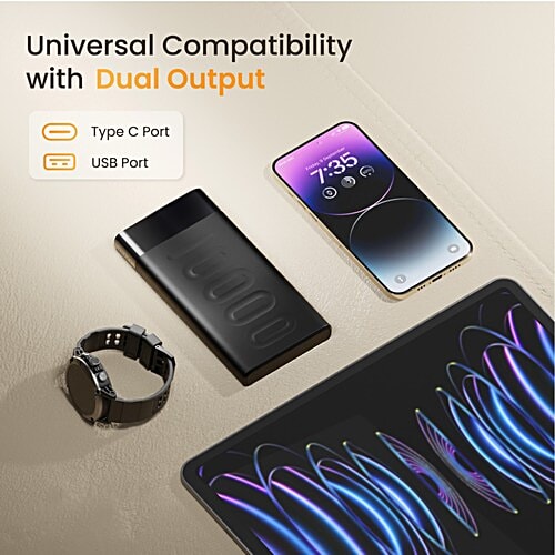 Ambrane 10000 mAh Slim & Compact Powerbank, 22.5W Fast Charging, USB & Type C Output, Power Delivery, Quick Charge For iPhone, Android & Other Devices, 1 pc 10000 mAh, For both iPhones & Android devices