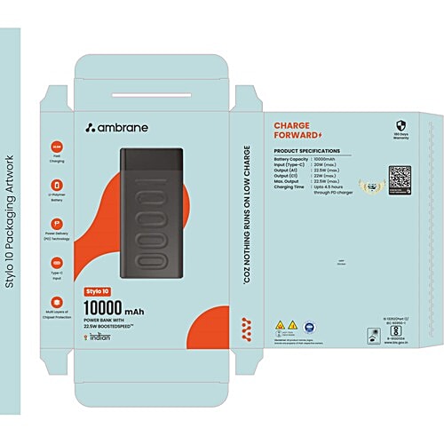 Ambrane 10000 mAh Slim & Compact Powerbank, 22.5W Fast Charging, USB & Type C Output, Power Delivery, Quick Charge For iPhone, Android & Other Devices, 1 pc 10000 mAh, For both iPhones & Android devices