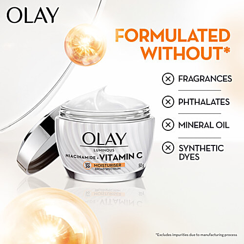 Olay Luminous Niacinamide + Vitamin C Moisturiser - SPF30, 50 g Brightens Skin and Reduces Dark Spots, Smooth Texture with Niacinamide