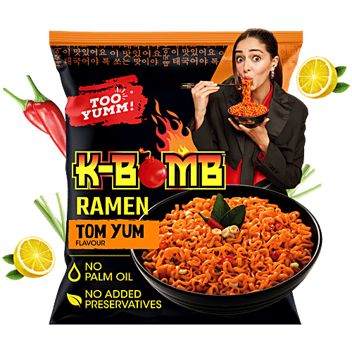 Too Yumm! K-Bomb Ramen Tom Yum Instant Noodles, 80 g Tangy n Spicy Flavour, Korean Veg, No Added Preservatives, No Palm Oil