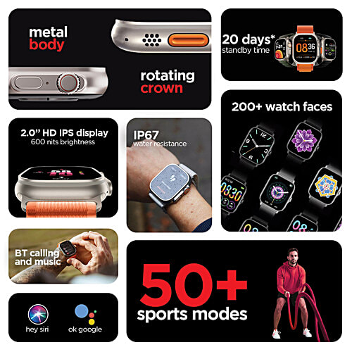 Nu Republic Creed Ultra Smartwatch - 5 cm HD IPS Display, BT Calling, HRM, SPO2 & AI Voice Assistant, Silver/Orange, Free Size, 1 pc  